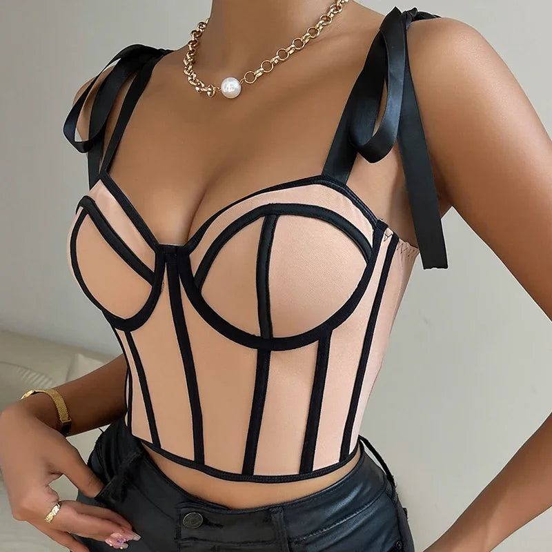 Women Lace up Straps Crop Tops Patchwork Stripe Sexy Exposed Navel Tank Top Beach Camis Streetwear Tube Tops Women 2024 Summer